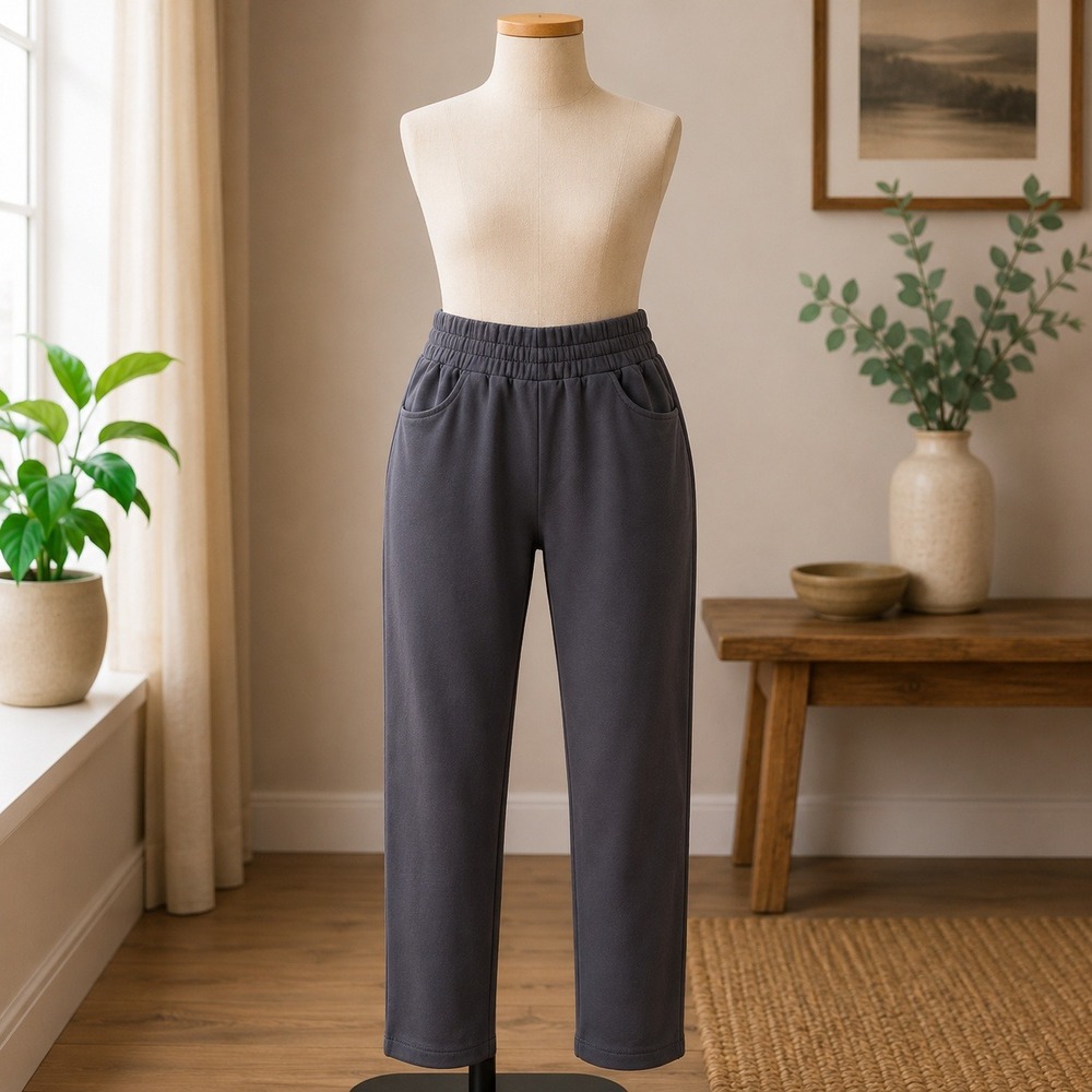 Belle Kim Gravel Knit Pants Womens MP Black Elastic Waist Straight Leg Pockets